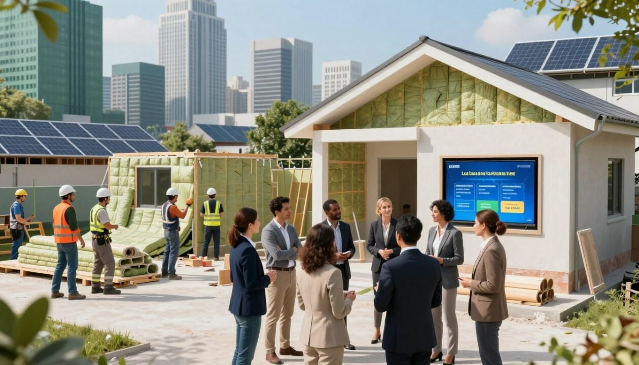 A panoramic view depicting a vibrant urban scene in 2025, focusing on financial aids for home renovations related to insulation. In the foreground, a diverse group of individuals in professional business attire engages in conversation around a modern, eco-friendly house under renovation, highlighting interactive digital displays showing financial aid options. In the middle ground, various construction workers are installing insulation materials, illustrating active renovation efforts. The background features a sleek city skyline with green architecture and solar panels, symbolizing a sustainable future. Bright, natural lighting enhances the optimistic atmosphere, with a slightly elevated angle capturing the dynamics of collaboration and innovation in the renovation sector.