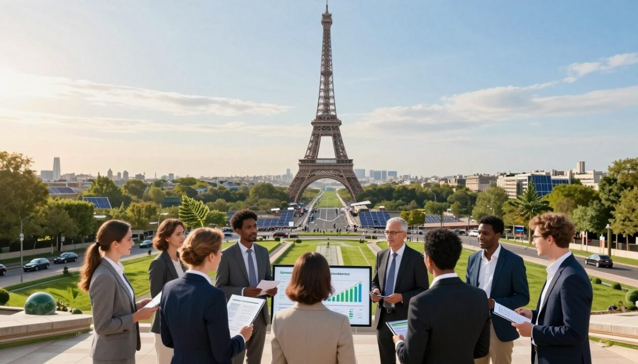 A panoramic view of the Eiffel Tower in Paris, surrounded by a lush green landscape symbolizing environmental awareness. In the foreground, a diverse group of professional individuals in business attire is engaging in a discussion about carbon balance, with graphs and charts displayed on digital devices. The middle ground features a vibrant cityscape with solar panels on rooftops and electric cars parked along tree-lined streets. In the background, a clear blue sky casts soft golden sunlight, illuminating the scene and highlighting the harmonious relationship between urbanization and sustainability. The atmosphere is hopeful and motivating, emphasizing the importance of carbon accountability in France. The image should have a warm, inviting color palette, using a wide-angle lens perspective that enhances depth and immersion. A panoramic view of the Eiffel Tower in Paris, surrounded by a lush green landscape symbolizing environmental awareness. In the foreground, a diverse group of professional individuals in business attire is engaging in a discussion about carbon balance, with graphs and charts displayed on digital devices. The middle ground features a vibrant cityscape with solar panels on rooftops and electric cars parked along tree-lined streets. In the background, a clear blue sky casts soft golden sunlight, illuminating the scene and highlighting the harmonious relationship between urbanization and sustainability. The atmosphere is hopeful and motivating, emphasizing the importance of carbon accountability in France. The image should have a warm, inviting color palette, using a wide-angle lens perspective that enhances depth and immersion.