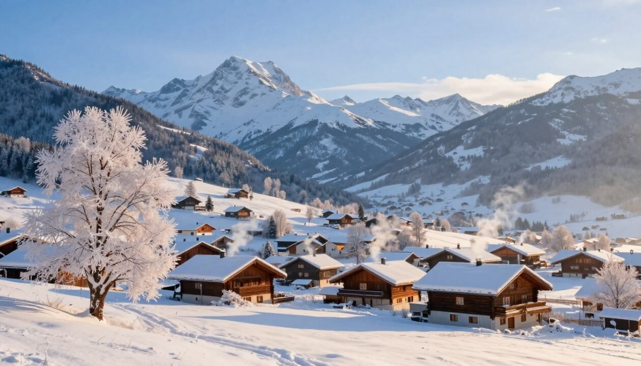 A picturesque winter landscape of Mouthe, known as "Petite Sibérie," showcasing its serene charm amidst snow-covered terrain. In the foreground, delicate frost-coated trees glisten in the soft winter sunlight. The middle ground features quaint wooden chalets with smoke gently rising from their chimneys, nestled within a serene snowy valley. In the background, majestic, snow-clad mountains rise under a crisp blue sky, adding depth to the scene. The ambient lighting casts a warm glow against the chill of winter, creating a tranquil yet inviting atmosphere. The composition is framed from a slightly elevated angle, highlighting the village's uniqueness as a cold-weather haven, evoking a sense of peaceful solitude in this idyllic French setting. A picturesque winter landscape of Mouthe, known as "Petite Sibérie," showcasing its serene charm amidst snow-covered terrain. In the foreground, delicate frost-coated trees glisten in the soft winter sunlight. The middle ground features quaint wooden chalets with smoke gently rising from their chimneys, nestled within a serene snowy valley. In the background, majestic, snow-clad mountains rise under a crisp blue sky, adding depth to the scene. The ambient lighting casts a warm glow against the chill of winter, creating a tranquil yet inviting atmosphere. The composition is framed from a slightly elevated angle, highlighting the village's uniqueness as a cold-weather haven, evoking a sense of peaceful solitude in this idyllic French setting.