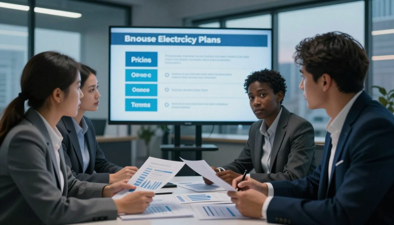 A professional setting demonstrating the criteria for choosing electricity plans. In the foreground, a diverse group of three individuals engaged in discussion, dressed in business attire, examining charts and graphs on a table. In the middle background, a digital screen displays key factors like pricing, renewable options, and contract terms, illuminated with soft lighting to enhance clarity. The background features an office environment with modern design elements, large windows revealing a cityscape at dusk. The atmosphere is focused and serious, conveying the importance of informed decision-making. Enhance with cool-toned lighting that suggests analytical thought, shot from a slight low angle to emphasize the importance of the discussion. A professional setting demonstrating the criteria for choosing electricity plans. In the foreground, a diverse group of three individuals engaged in discussion, dressed in business attire, examining charts and graphs on a table. In the middle background, a digital screen displays key factors like pricing, renewable options, and contract terms, illuminated with soft lighting to enhance clarity. The background features an office environment with modern design elements, large windows revealing a cityscape at dusk. The atmosphere is focused and serious, conveying the importance of informed decision-making. Enhance with cool-toned lighting that suggests analytical thought, shot from a slight low angle to emphasize the importance of the discussion.