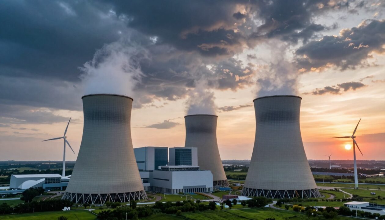 A striking composition showcasing the paradox of nuclear energy as a low-carbon but non-renewable resource. In the foreground, depict a large, modern nuclear power plant with gleaming reactor towers and cooling towers, surrounded by a lush green landscape, symbolizing the contrast between energy production and nature. The middle ground features a swirling mix of renewable energy sources, like wind turbines and solar panels, as ghostly images, illustrating the tension between nuclear and renewable systems. The background displays a dramatic sunset, casting warm hues across the sky while dark storm clouds loom, symbolizing the ethical dilemma. Use a high dynamic range to enhance the mood, capturing both serenity and tension, viewed from a slightly elevated angle to encompass the vast scene. Use soft, natural lighting to emphasize the elements harmoniously.