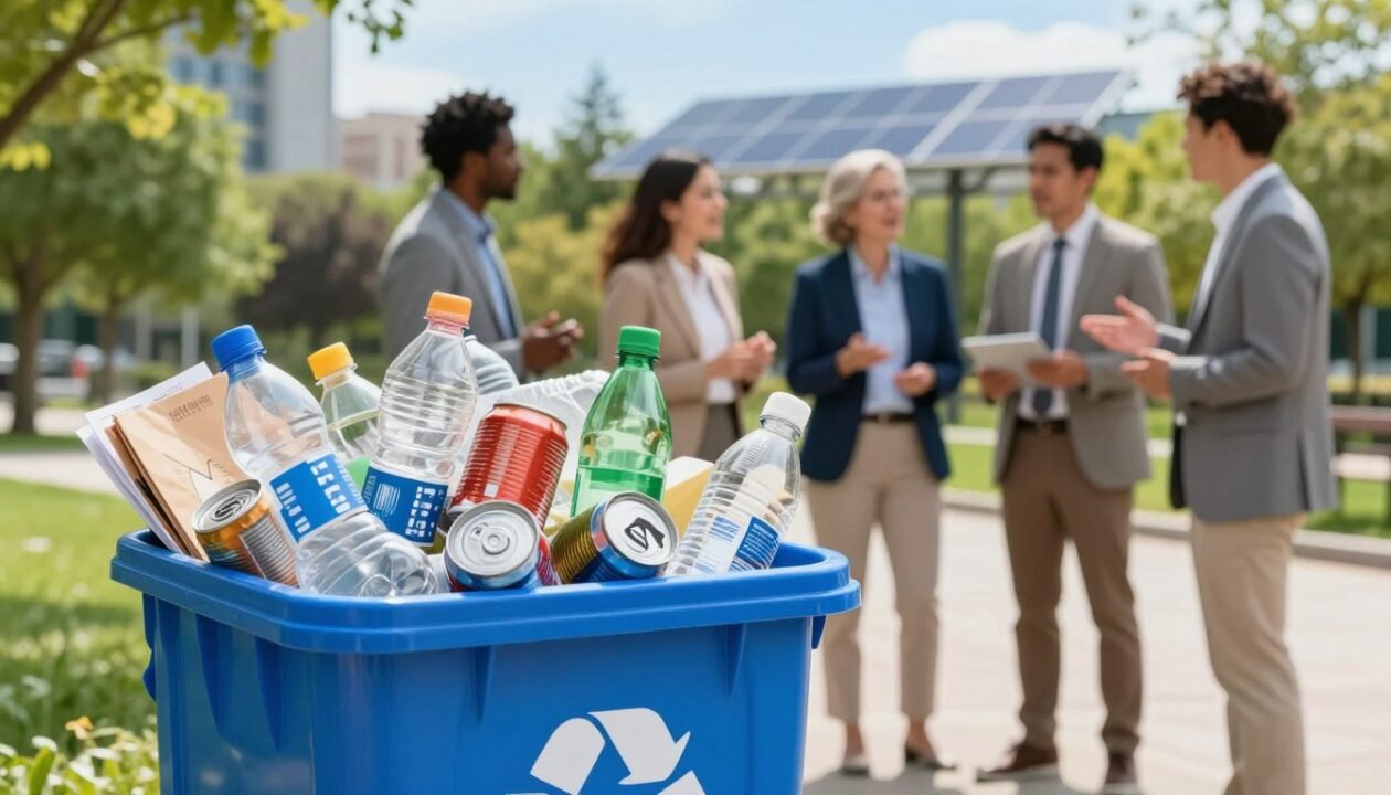 A vibrant and educational scene illustrating the importance of selective waste sorting for the environment. In the foreground, a blue recycling bin overflowing with various recyclable materials like paper, plastic bottles, and aluminum cans, all clearly sorted. In the middle ground, a diverse group of professionals, dressed in business attire, engaging in an animated discussion about recycling practices, showing enthusiasm and collaboration. In the background, a bright urban park with lush greenery, solar panels, and clear blue skies, symbolizing a sustainable environment. Soft, natural lighting enhances the optimistic atmosphere, with a slight lens focus on the bin to draw attention to the importance of recycling. The overall mood is informative and inspiring, emphasizing community participation in environmental responsibility.