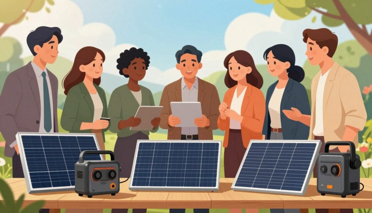 A vibrant and informative illustration showcasing various types of solar kits available on the market. In the foreground, display a selection of different solar kits, including portable solar panels, solar-powered generators, and solar thermal systems, arranged neatly on a wooden table. The middle ground should feature a diverse group of individuals, dressed in professional business attire, examining and discussing the kits, with enthusiastic expressions. In the background, include a sunny outdoor environment with a blue sky and trees, enhancing the theme of renewable energy. Use natural lighting to create a warm and inviting atmosphere, with a slight lens blur on the background to emphasize the kits and the engaged individuals in the foreground.