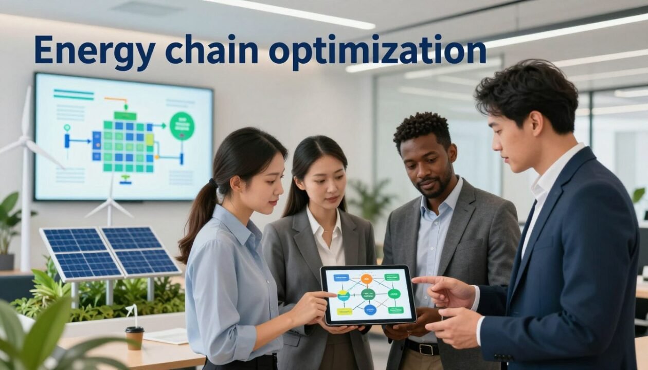 A visually striking and informative illustration representing the concept of "energy chain optimization." In the foreground, a diverse group of three professionals, dressed in smart business attire, are engaged in discussion while analyzing energy flow charts and diagrams on a digital tablet. The middle ground features a well-organized workspace with sustainable energy elements like solar panels, wind turbines, and a schematic of an energy grid visible on a wall screen. In the background, soft lighting highlights a modern office environment, with green plants suggesting sustainability. The mood is one of collaboration and innovation, fostering a positive atmosphere focused on practical solutions for optimizing energy chains.