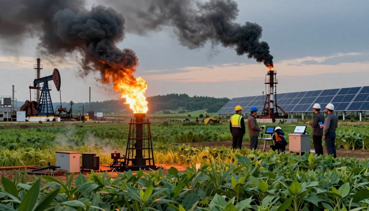 A visually striking illustration of the environmental impact of natural gas. Foreground: a large, symbolic gas flare billowing smoke, hinting at pollution, contrasted with a field of thriving green plants resilient against the harmful effects. Middle ground: workers in professional attire assessing the area, using technology to monitor emissions and evaluate environmental health. Background: a juxtaposition of an industrial landscape with gas extraction facilities and a serene natural landscape, depicting biodiversity and clean energy sources. The lighting is dramatic, with the flare illuminated against a twilight sky, casting shadows that enhance the contrast between industrial energy and nature. The overall mood reflects tension and awareness, emphasizing the complex relationship between natural gas and the environment. The angle is slightly elevated, offering a comprehensive view of the scene, showcasing the duality of progress and environmental concern. A visually striking illustration of the environmental impact of natural gas. Foreground: a large, symbolic gas flare billowing smoke, hinting at pollution, contrasted with a field of thriving green plants resilient against the harmful effects. Middle ground: workers in professional attire assessing the area, using technology to monitor emissions and evaluate environmental health. Background: a juxtaposition of an industrial landscape with gas extraction facilities and a serene natural landscape, depicting biodiversity and clean energy sources. The lighting is dramatic, with the flare illuminated against a twilight sky, casting shadows that enhance the contrast between industrial energy and nature. The overall mood reflects tension and awareness, emphasizing the complex relationship between natural gas and the environment. The angle is slightly elevated, offering a comprehensive view of the scene, showcasing the duality of progress and environmental concern.