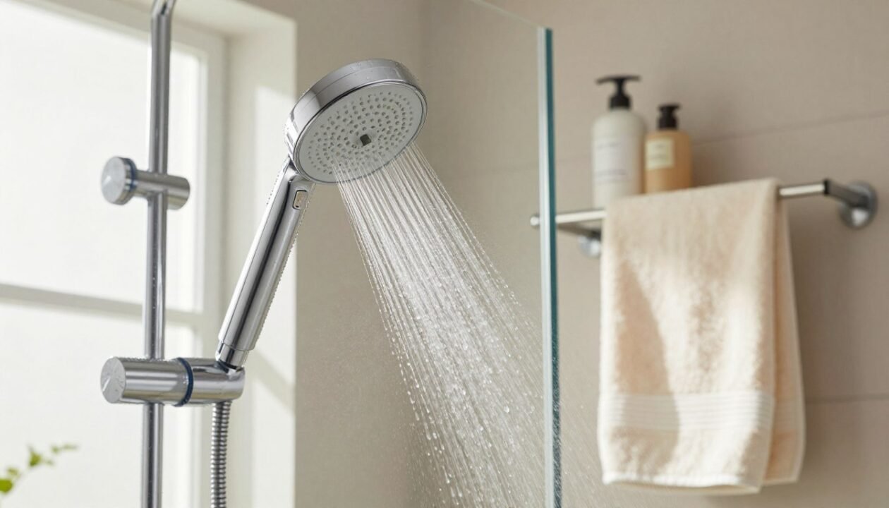 A well-lit bathroom scene showcasing a modern shower setup with chrome fixtures and a clear glass door. In the foreground, a close-up of a water flow meter demonstrating the measurement of water consumption. In the middle, a stylish showerhead with droplets and steam rising, creating a sense of freshness. The background features neatly arranged toiletries and a soft, inviting towel hanging on a rack, adding warmth to the atmosphere. Natural light filters in from a frosted window, casting gentle shadows and highlighting the shower's elegant design. The overall mood is clean, informative, and serene, perfectly illustrating the concept of measuring water usage in a five-minute shower.