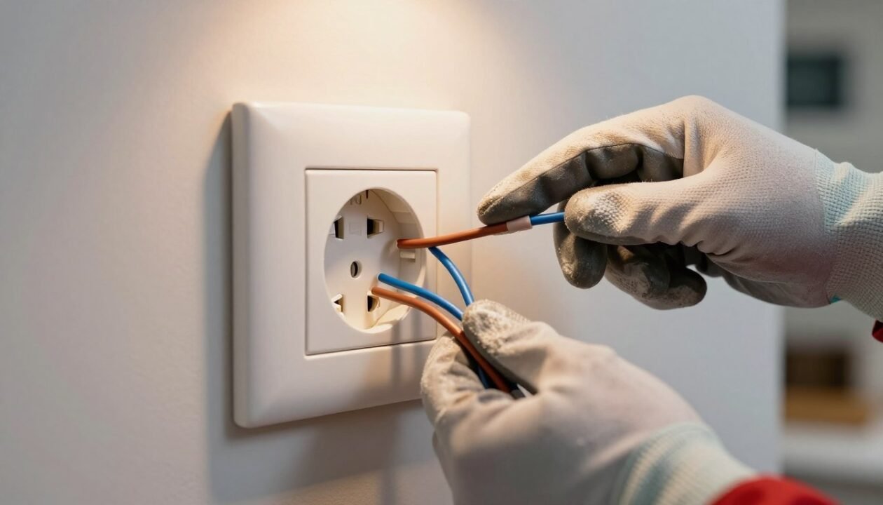An informative scene focusing on an electrical outlet with clear identification of phase and neutral wires. The foreground features a close-up view of a standard wall socket, showcasing labels for the phase (live) and neutral connections, with distinct color differentiation (traditionally brown for phase and blue for neutral). The middle ground includes a technician's hands wearing insulated gloves, carefully pointing to the wires for clarity. The background shows a softly blurred room setting, with warm, ambient lighting highlighting the socket. The angle is slightly elevated, providing a comprehensive view while ensuring all components are visible. The overall mood is educational and professional, designed to foster understanding of electrical safety and identification.