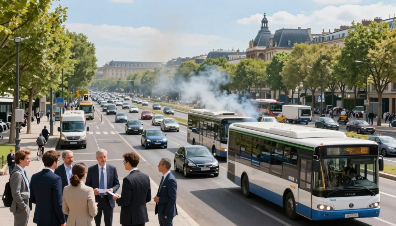 An overview of transportation emissions in France, featuring a bustling urban landscape filled with busy roads and various types of vehicles, including electric buses, traditional cars, and trains. In the foreground, show a diverse group of professionals in business attire discussing transportation strategies. In the middle ground, depict cars emitting visible CO2 in the form of faint plumes, contrasting with green areas filled with trees and cyclists to symbolize eco-friendly alternatives. The background should include iconic French architecture under a clear blue sky, with soft sunlight illuminating the scene, creating a hopeful atmosphere. The focus is on the balance between pollution and sustainable transport.