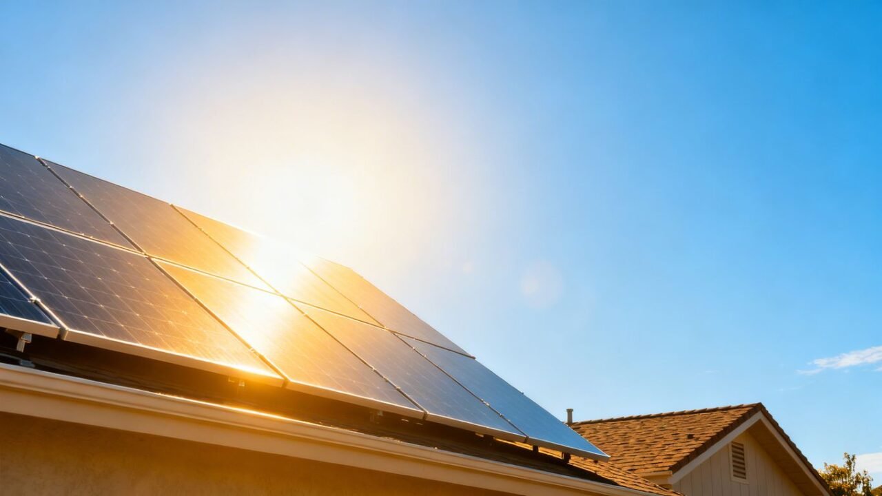 Installatie van zonnepanelen op een zonnig dak.
