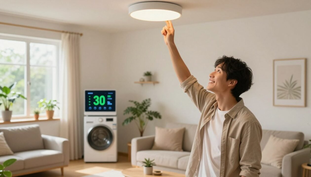 A cozy home interior, showcasing a bright and inviting living room bathed in natural light. In the foreground, a smiling young adult dressed in modest casual clothing is switching off an overhead light with a satisfied expression, symbolizing energy conservation. In the middle, visible eco-friendly features like energy-efficient appliances and a digital energy monitor displaying reduced consumption kWh can be seen. The background features a window with plants that add to the fresh atmosphere, emphasizing a sustainable lifestyle. Soft, warm lighting enhances a welcoming mood, while a wide-angle perspective captures the entire scene harmoniously, focusing on the eco-friendly elements and mindful living practices. A cozy home interior, showcasing a bright and inviting living room bathed in natural light. In the foreground, a smiling young adult dressed in modest casual clothing is switching off an overhead light with a satisfied expression, symbolizing energy conservation. In the middle, visible eco-friendly features like energy-efficient appliances and a digital energy monitor displaying reduced consumption kWh can be seen. The background features a window with plants that add to the fresh atmosphere, emphasizing a sustainable lifestyle. Soft, warm lighting enhances a welcoming mood, while a wide-angle perspective captures the entire scene harmoniously, focusing on the eco-friendly elements and mindful living practices.