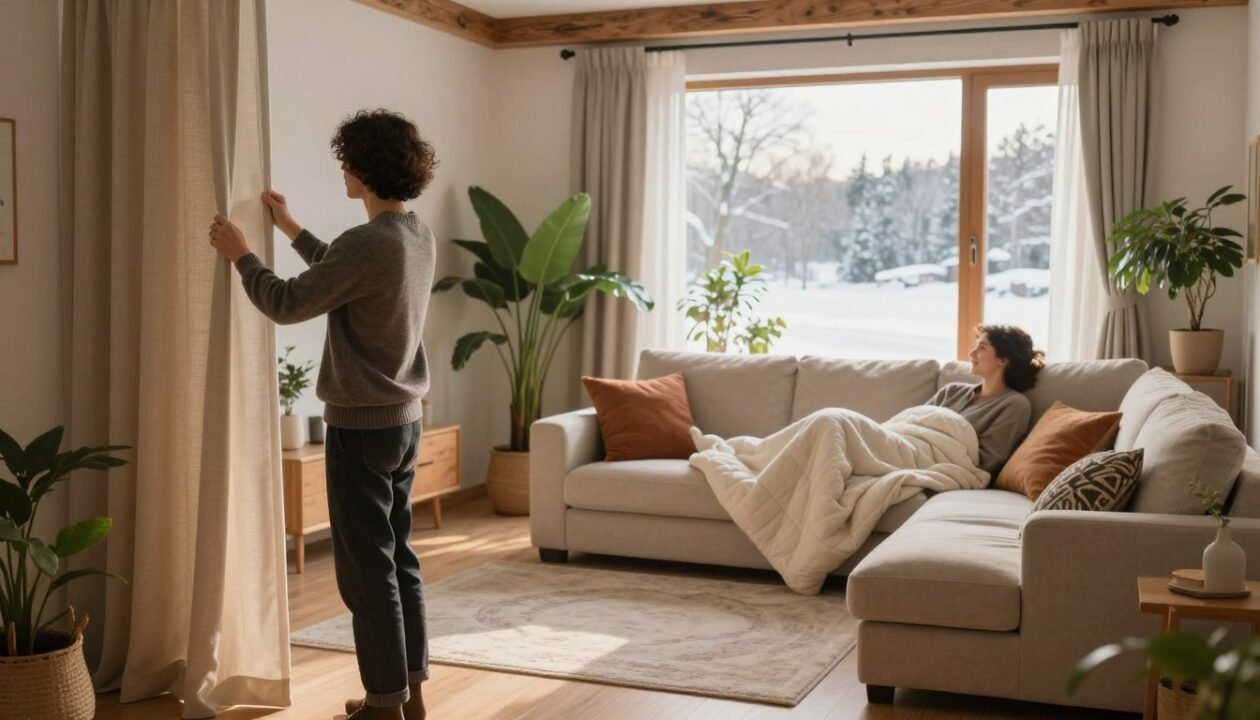 A cozy indoor scene showcasing ways to enhance thermal comfort without traditional heating. In the foreground, a well-dressed individual adjusts thick, stylish curtains that insulate the room, while another person is relaxing on a plush, oversized sofa wrapped in a quilt. The middle ground features a beautifully designed space with lots of natural materials—wood accents, soft rugs, and colorful cushions. A few green plants add vibrancy. In the background, a large window reveals a winter landscape, with soft, warm light streaming in, creating a comforting atmosphere. The overall mood is inviting and serene, emphasizing warmth and comfort despite the chilly weather outside. Use soft, diffused lighting to enhance the cozy feel of the room.