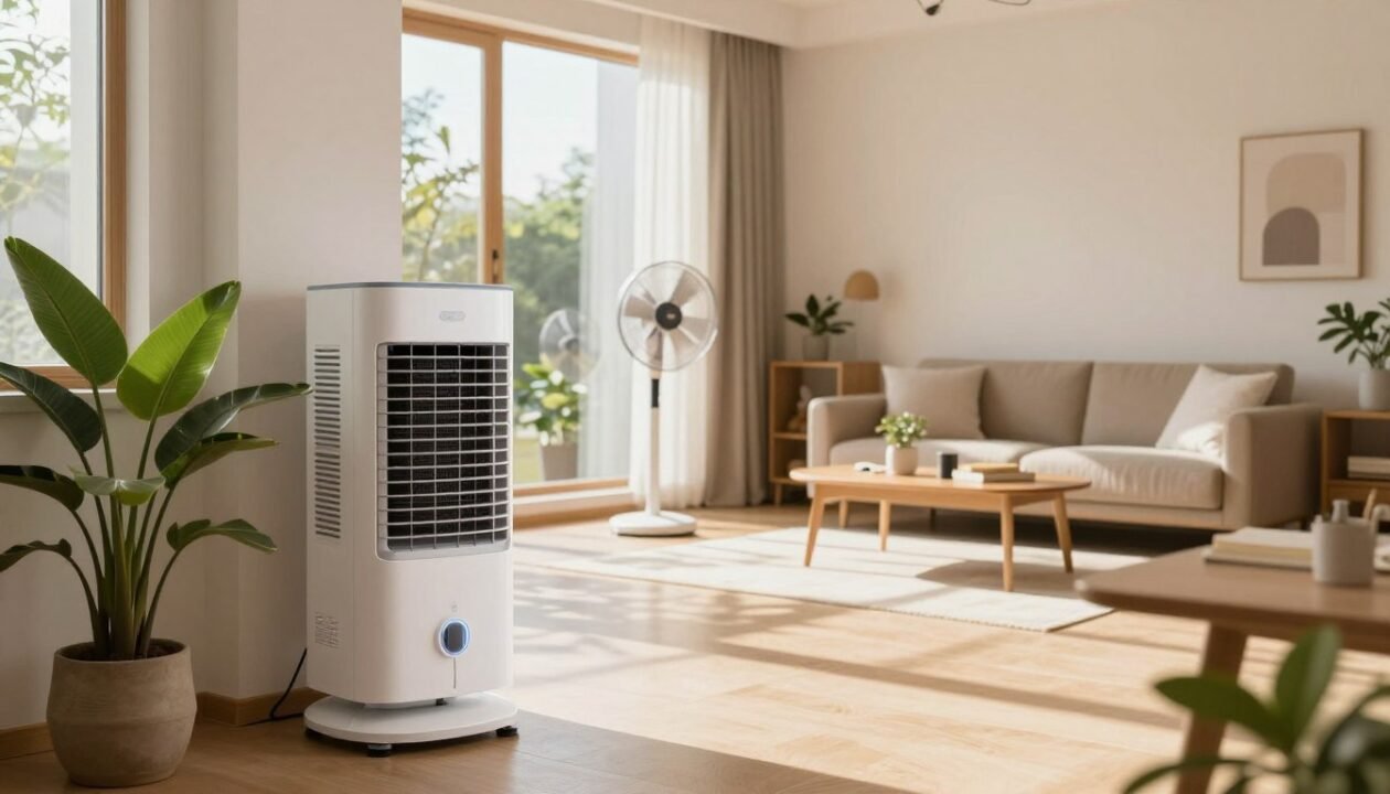 A modern, energy-efficient home interior focused on alternative cooling solutions. In the foreground, a sleek, stylish air cooler with a minimalist design, accompanied by a potted plant and a well-organized workspace. The middle section captures a bright open living space featuring strategically placed fans, thermal curtains, and a large window allowing abundant sunlight, showcasing a pleasant indoor environment. The background displays a comfortable seating area with earth-toned decor, emphasizing coziness and relaxation. Natural lighting casts soft shadows, contributing to a serene atmosphere. The mood is calm and inviting, illustrating the idea of smart and eco-friendly cooling options.