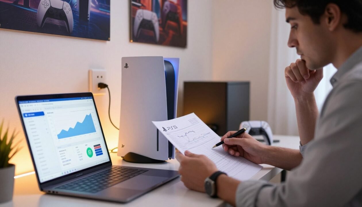 A modern home office scene with a PlayStation 5 console prominently displayed on a sleek desk. In the foreground, a digital financial impact report is open on a laptop screen, showing charts and graphs that analyze electricity consumption and costs. The middle ground features the PS5, elegantly designed, with a power cord visibly plugged into a wall socket. In the background, a warm, ambient light illuminates the room, highlighting gaming posters on the wall. A business professional in smart casual attire reviews the report, deeply engaged in their analysis, with a thoughtful expression. The mood is focused and analytical, capturing the intersection of gaming technology and financial responsibility.