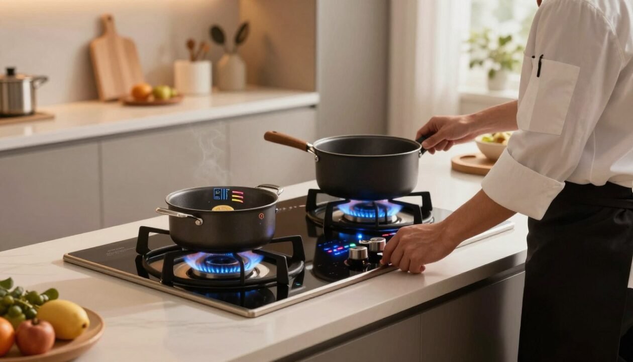 A modern kitchen interior showcasing a dynamic cooking scene focused on performance control in gas and electric cooking methods. In the foreground, a chef, dressed in professional attire, is adjusting the flame on a gas stove while monitoring a digital display measuring cooking temperature and efficiency. The middle ground features a sleek electric stove with vibrant LED indicators, pots simmering on both cooking surfaces to illustrate the comparison. The background contains a well-organized kitchen with minimalist design, warm lighting casting a cozy atmosphere. The composition highlights the tension between gas and electric cooking, emphasizing control, precision, and quality. Use soft, warm natural light to enhance the inviting feel of the kitchen, capturing a sense of professionalism and culinary expertise.