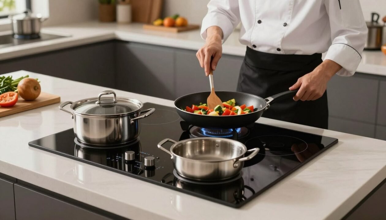 A modern kitchen scene focused on an elegant induction cooktop, showcasing its sleek design with digital controls. In the foreground, include a variety of induction-compatible cookware such as stainless steel pots and pans, emphasizing their economic practicality. In the middle ground, capture the cooktop in use, with a chef in professional attire stirring a colorful vegetable medley in a pan, illustrating energy-efficient cooking. The background features a tidy kitchen with warm lighting, creating a welcoming atmosphere. Use a slightly elevated angle for a comprehensive view of the kitchen layout, highlighting the counters and appliances. The overall mood should convey a sense of efficiency and modern living, focusing on the practicality of using an economical induction cooktop.