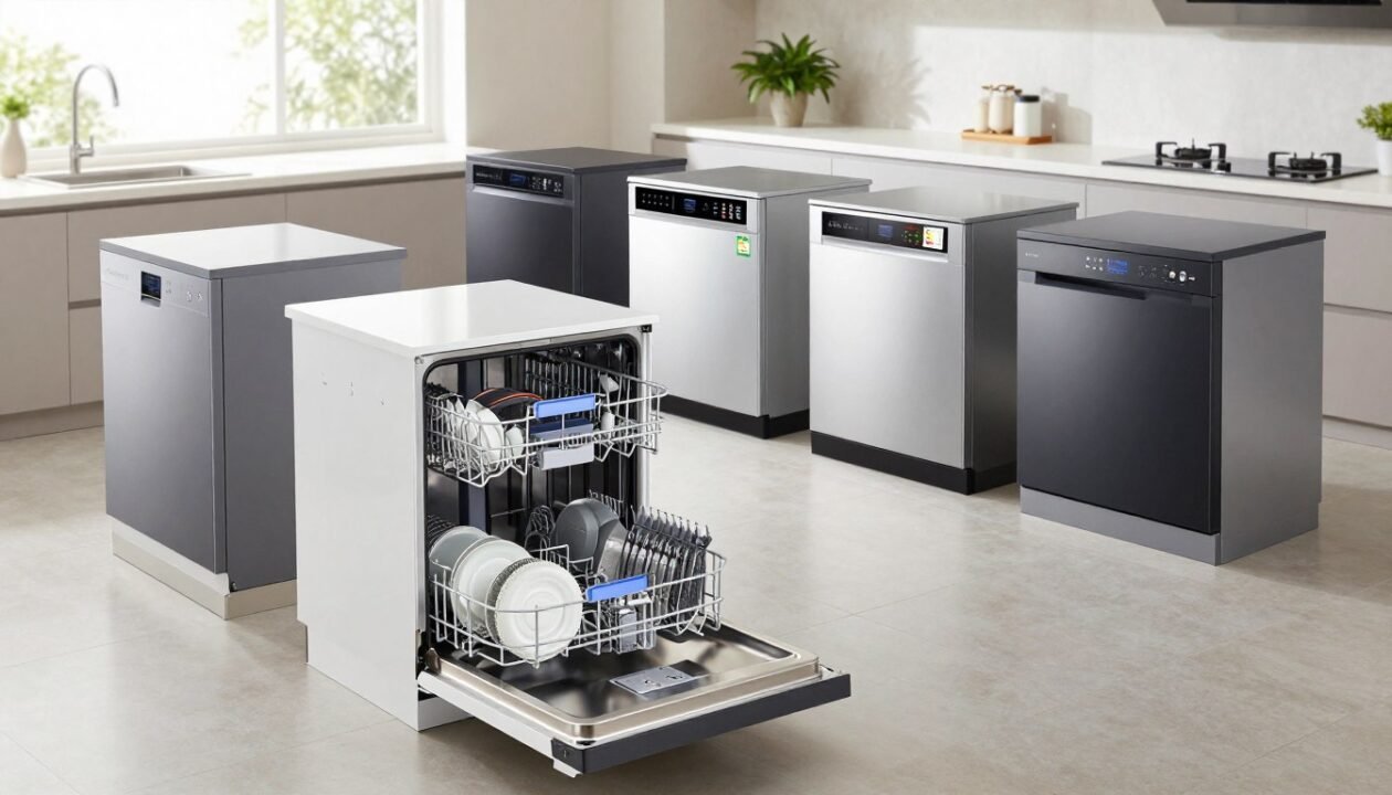 A modern kitchen showcasing an array of sleek, energy-efficient dishwashers with varying capacities thoughtfully arranged on display. In the foreground, a stylish dishwasher is open, highlighting its spacious interior filled with clean dishes. The middle ground features other dishwashers in elegant designs, each labeled with energy consumption specifications. The background presents a bright kitchen setting with natural lighting pouring in from a window, enhancing the eco-friendly atmosphere. A subtle green plant on the countertop adds a touch of freshness. The overall mood is one of innovation and sustainability, emphasizing the importance of choosing the right dishwasher to reduce water consumption. Capture this scene from a slightly elevated angle to provide a comprehensive view, ensuring clarity and detail in the appliances presented.