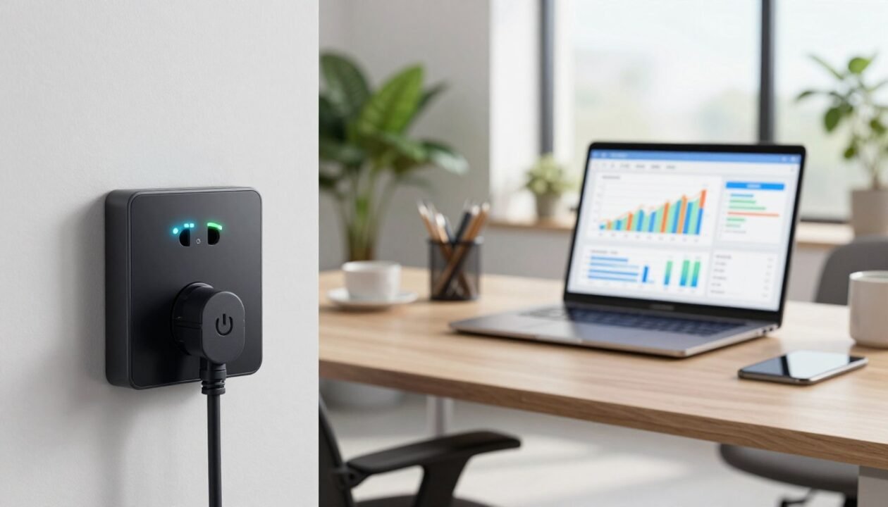 A modern office environment, showcasing a sleek smart power outlet plugged into a wall. In the foreground, a close-up view of the outlet, featuring illuminated indicators for power consumption monitoring. In the middle ground, a stylish desktop with a laptop displaying an energy monitoring dashboard, graphs showing consumption data, and a few neatly arranged office accessories. The background features a softly lit room with potted plants and bright natural light streaming in through large windows, creating an inviting atmosphere. The mood is informative and innovative, conveying the concept of energy efficiency through technology. The image captures precision and clarity, using high-resolution details and a well-balanced composition to emphasize the importance of smart energy solutions.