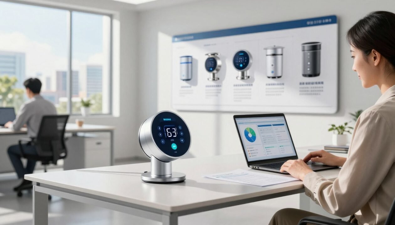 A modern, professionally designed office space dedicated to water management solutions, featuring a sleek, digital water meter on a stylish desk. In the foreground, a professional business person in smart attire is analyzing documents and data on a laptop. In the middle, a wall-mounted digest of various innovative water meter models displayed with key features highlighted. In the background, large windows showcase a sunny urban landscape, signaling a forward-thinking, sustainable approach to water usage. Soft, natural lighting streams in, creating a bright and optimistic atmosphere. The angle is slightly elevated, providing a clear view of the desk and the displays, emphasizing the synthesis of technology and water management.