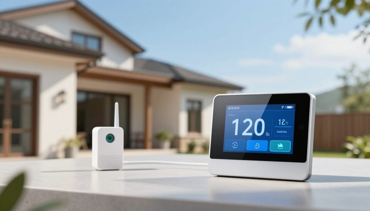 A modern smart thermostat displayed prominently in the foreground, showcasing its sleek touchscreen interface. In the middle ground, an external temperature sensor is visible, connected wirelessly, highlighting high-tech features. The background features a contemporary home’s exterior with a clear blue sky, creating an atmosphere of summer comfort and efficiency. Soft, natural daylight illuminates the scene, casting gentle shadows and emphasizing the device's modern aesthetics. The overall mood is innovative and inviting, symbolizing optimal climate control. Utilize a wide-angle lens to capture both the thermostat and surrounding environment, ensuring a harmonious blend of technology and lifestyle. No people are present, allowing the devices to be the focal point without distractions.