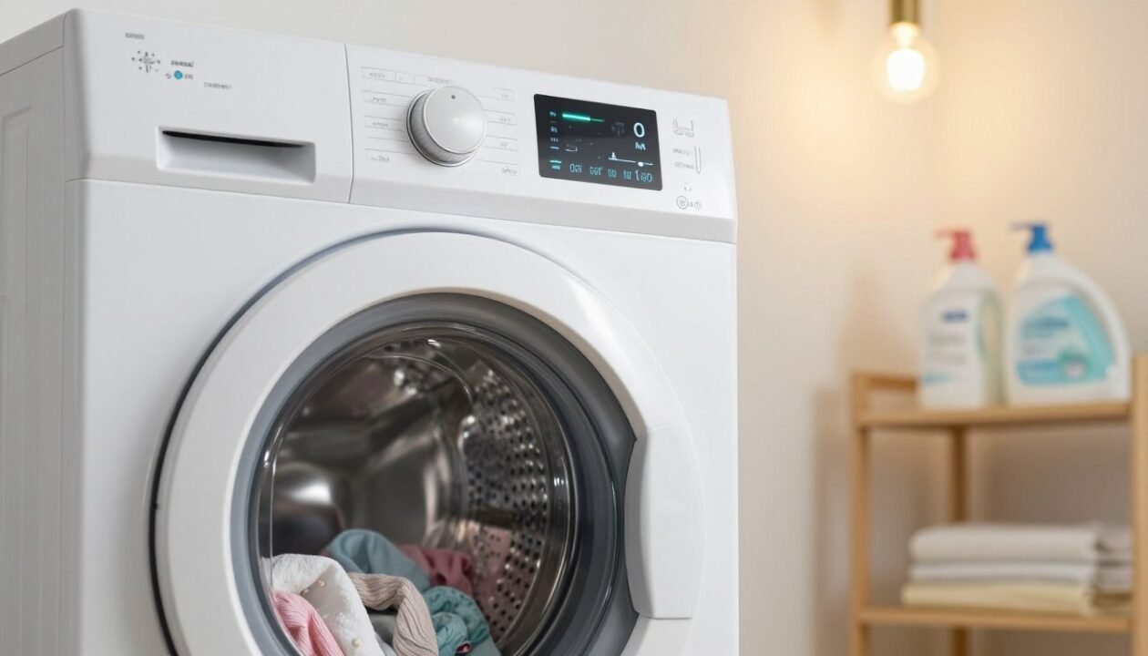 A modern washing machine is prominently featured in the foreground, its transparent door showcasing a vibrant, partially filled drum with neatly arranged laundry, symbolizing efficient usage. In the middle ground, a digital display panel illuminates with energy-saving indicators, emphasizing the theme of optimized usage during off-peak hours. The background features a softly lit laundry room with shelves of laundry products and an energy-efficient lightbulb overhead, casting a warm glow across the scene. The atmosphere is calm and organized, evoking a sense of responsibility and efficiency in household energy use. The angle is slightly above eye level, focusing on the machine and its features, with a shallow depth of field to highlight the cleanliness and modernity of the appliances. A modern washing machine is prominently featured in the foreground, its transparent door showcasing a vibrant, partially filled drum with neatly arranged laundry, symbolizing efficient usage. In the middle ground, a digital display panel illuminates with energy-saving indicators, emphasizing the theme of optimized usage during off-peak hours. The background features a softly lit laundry room with shelves of laundry products and an energy-efficient lightbulb overhead, casting a warm glow across the scene. The atmosphere is calm and organized, evoking a sense of responsibility and efficiency in household energy use. The angle is slightly above eye level, focusing on the machine and its features, with a shallow depth of field to highlight the cleanliness and modernity of the appliances.
