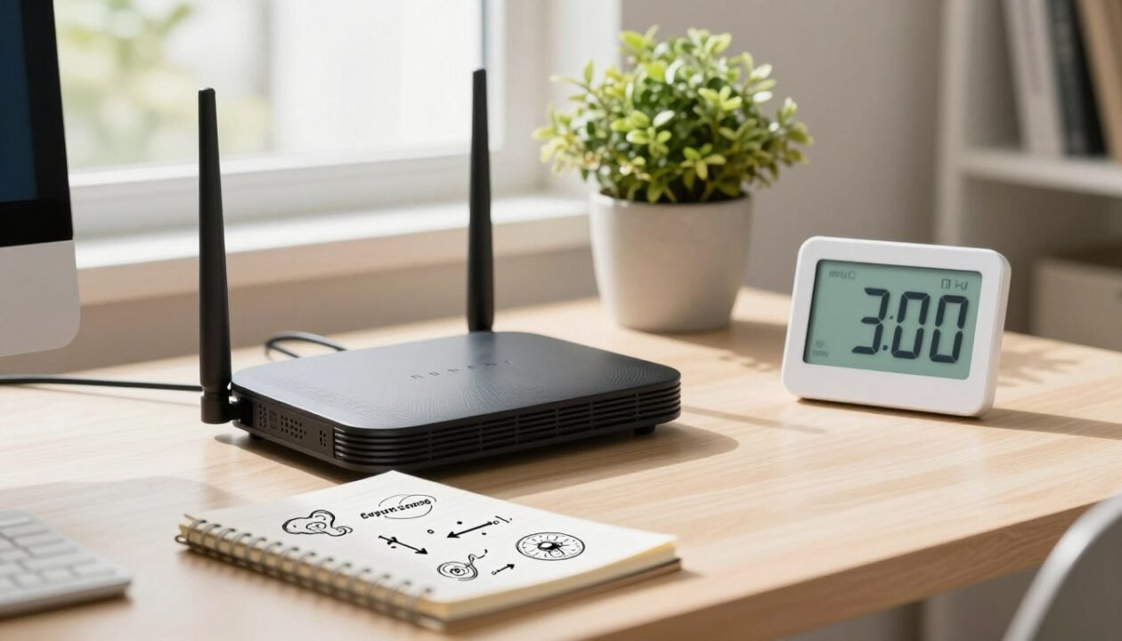 A practical guide to reducing internet box energy consumption, featuring a cozy, well-lit home office setting. In the foreground, a modern internet box sits on a stylish desk, partially obscured by a notepad with energy-saving tips sketched out. To the side, an energy meter displays its current consumption, emphasizing the topic. In the middle ground, a potted plant adds a touch of nature, symbolizing sustainability. The background features a window showing a bright, sunny day, creating a warm and inviting atmosphere. Soft, diffused lighting enhances the scene, while the camera angle captures the desk from a slightly elevated perspective, drawing attention to the internet box and energy meter. Overall, the image conveys a sense of practicality and eco-conscious living, with an emphasis on efficiency. A practical guide to reducing internet box energy consumption, featuring a cozy, well-lit home office setting. In the foreground, a modern internet box sits on a stylish desk, partially obscured by a notepad with energy-saving tips sketched out. To the side, an energy meter displays its current consumption, emphasizing the topic. In the middle ground, a potted plant adds a touch of nature, symbolizing sustainability. The background features a window showing a bright, sunny day, creating a warm and inviting atmosphere. Soft, diffused lighting enhances the scene, while the camera angle captures the desk from a slightly elevated perspective, drawing attention to the internet box and energy meter. Overall, the image conveys a sense of practicality and eco-conscious living, with an emphasis on efficiency.