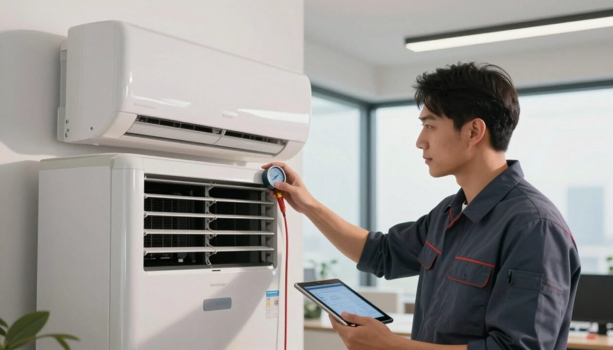 A professional technician in a smart uniform adjusts the settings on a newly installed air conditioning unit in a modern office space. The foreground features the technician closely focused on the device, showcasing tools like a digital pressure gauge and a tablet displaying technical specifications. In the middle ground, the sleek, contemporary air conditioning unit is highlighted with smooth lines and a minimalist design. The background reveals a well-lit, airy office environment with large windows letting in natural light, creating an inviting atmosphere. The composition emphasizes professionalism and technical expertise, with soft, warm lighting enhancing the scene’s inviting quality. The shot is taken from a slightly low angle, showcasing both the technician's diligence and the importance of proper air conditioning installation.