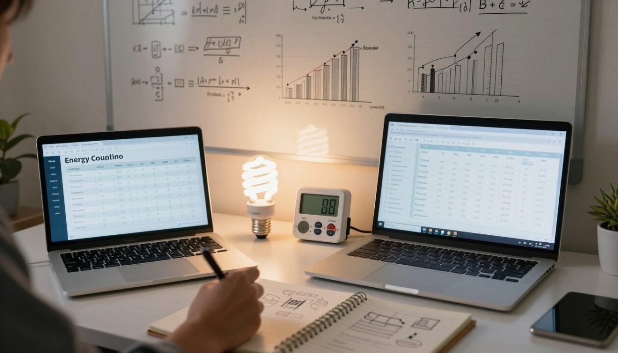 A professional workspace featuring a well-organized desk with an open laptop displaying a detailed energy consumption calculator interface. In the foreground, a hand holding a pen is writing on a notepad filled with calculations and energy-related diagrams. In the middle, there are energy-efficient light bulbs and a digital energy meter, illustrating concepts of electricity consumption and cost. The background shows a large whiteboard filled with formulas and graphs related to electricity intensity calculations, highlighted by soft, warm lighting that creates an inviting atmosphere. The overall mood is focused and analytical, embodying a practical application of theoretical concepts. A professional workspace featuring a well-organized desk with an open laptop displaying a detailed energy consumption calculator interface. In the foreground, a hand holding a pen is writing on a notepad filled with calculations and energy-related diagrams. In the middle, there are energy-efficient light bulbs and a digital energy meter, illustrating concepts of electricity consumption and cost. The background shows a large whiteboard filled with formulas and graphs related to electricity intensity calculations, highlighted by soft, warm lighting that creates an inviting atmosphere. The overall mood is focused and analytical, embodying a practical application of theoretical concepts.