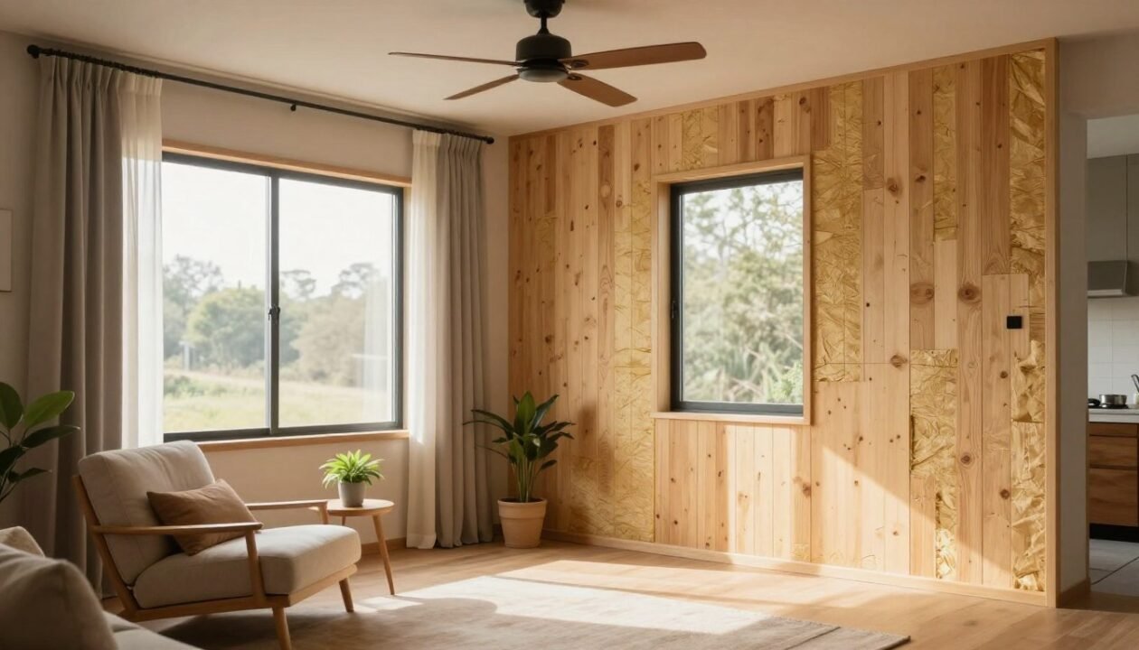 A serene interior of a modern living room showcasing enhanced insulation features. In the foreground, a cozy lounge chair sits beside a small table with a plant, emphasizing comfort and sustainability. The middle section features well-insulated walls with natural wood paneling and energy-efficient windows, allowing soft, diffused sunlight to illuminate the space. A ceiling fan adds a touch of elegance and coolness. In the background, light-filtering curtains frame the windows, accentuating the airiness while hinting at the enhanced insulation. The overall mood is calm and inviting, suggesting a sustainable living environment focused on energy efficiency and comfort. The lighting is warm and natural, creating a harmonious ambiance.