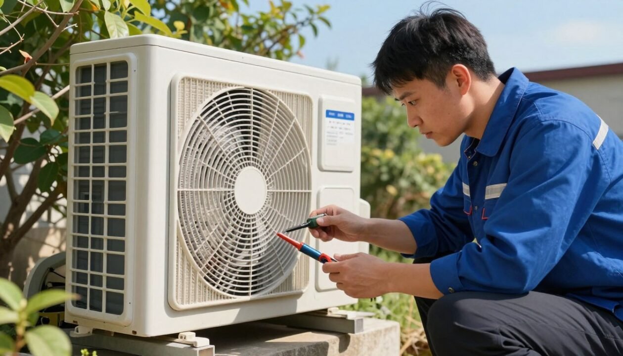 A technician in a professional uniform conducting preventive maintenance on an outdoor air conditioning unit. The foreground features the technician inspecting the unit closely, with tools in hand, illustrating attention to detail. In the middle ground, the air conditioning unit is depicted with clear features, including visible pipes and condensation, surrounded by foliage. The background showcases a clear blue sky, suggesting a sunny day, enhancing the mood of diligence and care. Natural sunlight illuminates the scene, casting soft shadows to create a realistic outdoor atmosphere. The composition conveys a sense of professionalism and importance in regular maintenance to prevent leaks.
