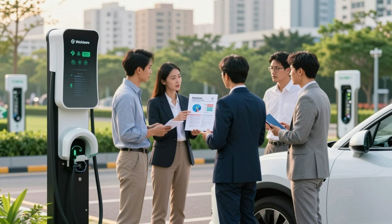 A vibrant urban setting featuring an electric vehicle charging station prominently in the foreground. The station is sleek and modern, with multiple charging ports, showcasing eco-friendly design elements. In the middle ground, a diverse group of professionals, dressed in business attire, discuss financial aid options for electric vehicle installations. They are surrounded by charts and documents illustrating aid programs and regulations. The background reveals a cityscape with green parks and charging infrastructure, bathed in warm, natural light, suggesting a late afternoon ambiance. A sense of collaboration and innovation pervades the scene, emphasizing sustainability and modern technology. The composition is sharply focused, capturing the details of the charging station and the engaged conversations among the professionals. A vibrant urban setting featuring an electric vehicle charging station prominently in the foreground. The station is sleek and modern, with multiple charging ports, showcasing eco-friendly design elements. In the middle ground, a diverse group of professionals, dressed in business attire, discuss financial aid options for electric vehicle installations. They are surrounded by charts and documents illustrating aid programs and regulations. The background reveals a cityscape with green parks and charging infrastructure, bathed in warm, natural light, suggesting a late afternoon ambiance. A sense of collaboration and innovation pervades the scene, emphasizing sustainability and modern technology. The composition is sharply focused, capturing the details of the charging station and the engaged conversations among the professionals.