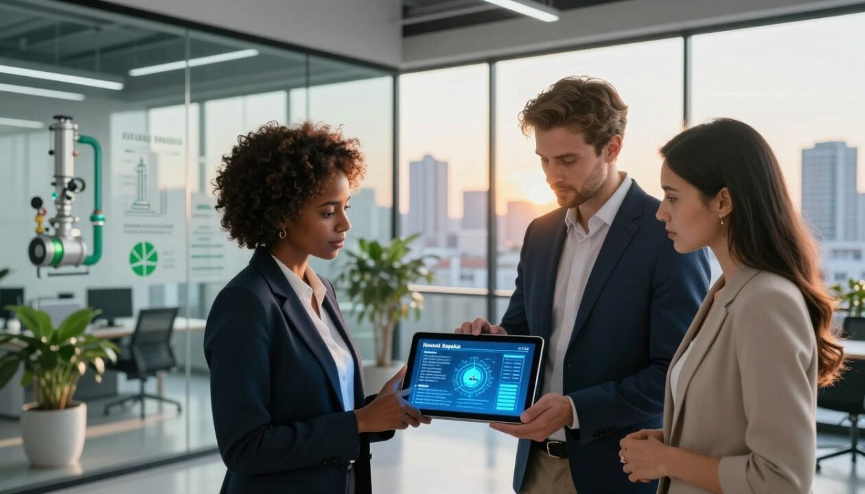 A visually engaging comparison of natural gas suppliers, featuring a sleek, modern office environment. In the foreground, a diverse group of three professionals, a Black woman and a Caucasian man, both dressed in business attire, and a Hispanic woman in smart casual clothing, are gathered around a digital tablet displaying a glowing comparison chart. The middle layer shows a modern glass office wall displaying eco-friendly imagery related to gas energy, such as tools and graphs, while a potted plant adds a touch of nature. The background reveals a panoramic city skyline bathed in warm golden hour lighting, conveying a sense of professionalism and progress. The mood is collaborative and focused, with a hint of determination, creating a visual narrative about making informed energy choices.