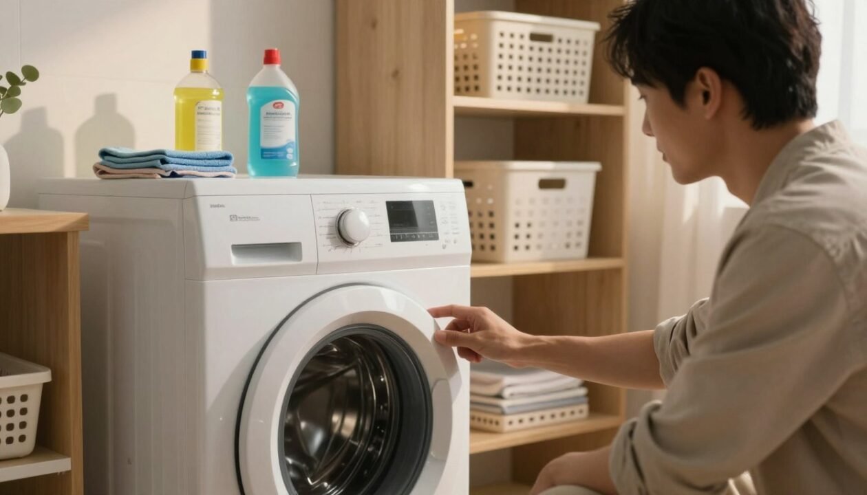A well-lit laundry room with a modern washing machine prominently featured in the foreground, gleaming and maintained. Nearby, a person wearing a casual yet tidy outfit is inspecting the machine, looking focused and diligent. In the middle ground, various cleaning supplies like vinegar, baking soda, and a soft cloth are neatly arranged on a shelf, suggesting routine maintenance products. The background reveals shelves with laundry baskets and detergent, evoking a sense of organization. Soft, warm lighting illuminates the scene, casting gentle shadows that add depth, while the mood reflects a calm and productive atmosphere, highlighting the importance of washing machine maintenance for energy efficiency.