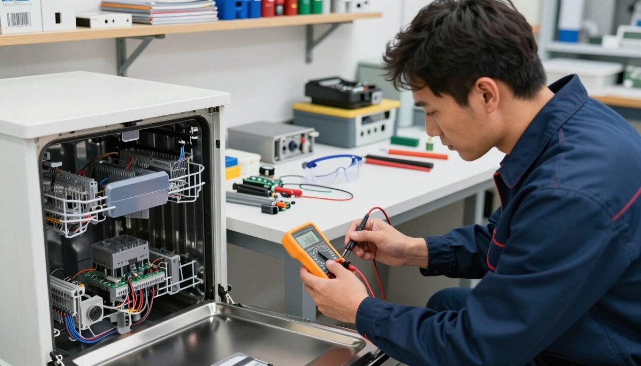 A well-lit workshop scene focused on diagnosing a malfunctioning dishwasher. In the foreground, an experienced technician, dressed in professional attire, is using a digital multimeter to check electrical connections on a disassembled dishwasher. The multimeter displays readings, highlighting its importance in troubleshooting. In the middle, various tools and components of the dishwasher are neatly arranged on a workbench, including wires, circuit boards, and safety goggles. The background features a well-organized workshop with shelves holding diagnostic manuals and spare parts, illuminated by soft overhead lighting to create a focused atmosphere. The overall mood is professional and methodical, emphasizing safety and precision in appliance repair.