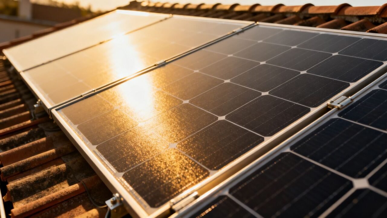 Zonnepanelen op een dak onder de zon.