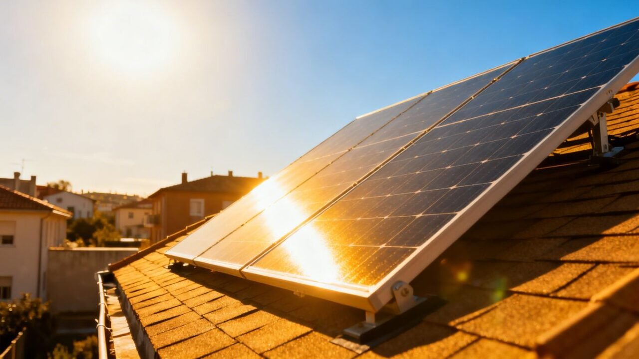 Painel solar em um telhado voltado para o sol.