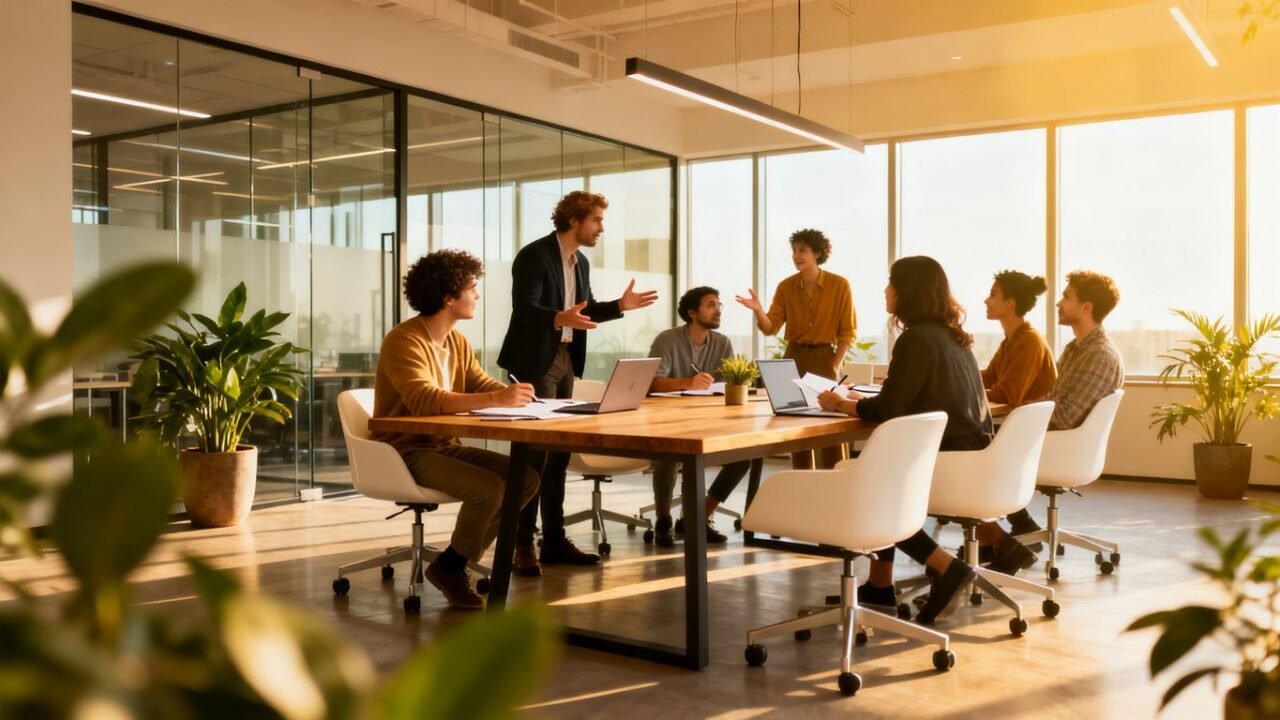 Bureau moderne avec des employés collaborant.