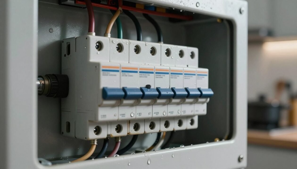 A close-up view of a kitchen electrical circuit breaker panel, highlighting signs of water infiltration around the edges and electrical components, such as wires and connectors. In the foreground, show a few drops of water pooling on the panel, emphasizing the problem of moisture affecting electrical safety. The middle ground features the circuit breakers with labels partially visible, focusing on their worn appearance due to potential water exposure. In the background, include a slightly blurred view of a modern kitchen countertop with cooking utensils, dim lighting that emphasizes the seriousness of the situation, and a slight overhead angle that captures the panel’s layout. The overall atmosphere is technical and concerning, prompting viewers to think about electrical safety and preventative measures.