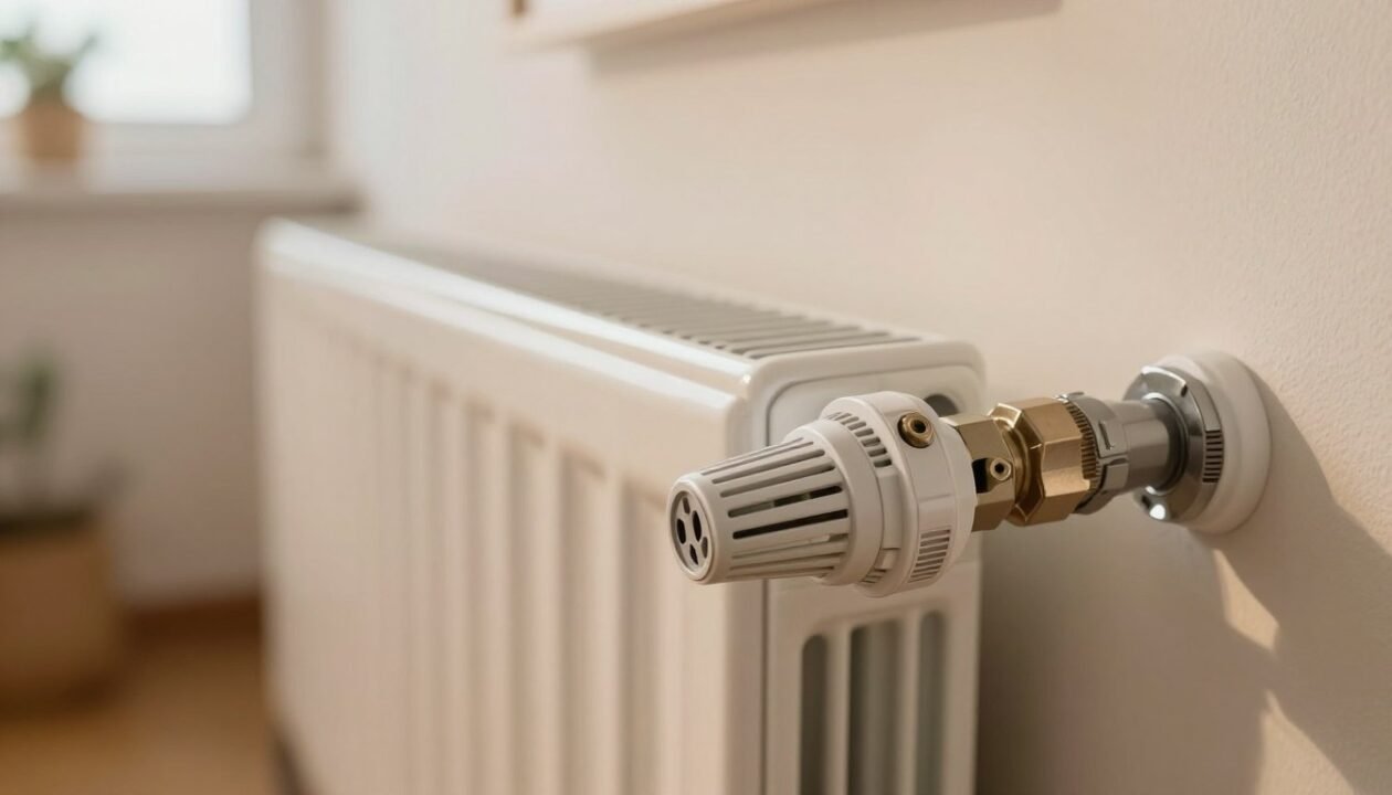 A close-up view of a radiator with water valves and thermostatic controls, showcasing a detailed, well-maintained heating system. In the foreground, focus on the sleek thermostatic valve, its intricate design highlighted to draw attention to its functionality. The middle ground features a clean radiator, with the surface reflecting soft, warm lighting, suggesting efficient heating. In the background, a softly focused interior of a cozy room is visible, adorned with subtle decor that enhances the comforting atmosphere. Natural light streams in through a nearby window, creating a welcoming and optimized environment. The overall mood is professional yet inviting, emphasizing the importance of proper maintenance for optimal operation.