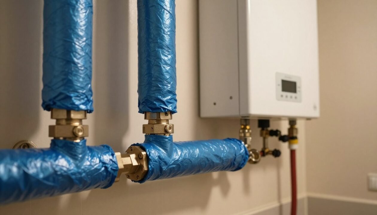 A close-up view of insulated gas boiler pipes in a modern utility room. The foreground features shiny metallic pipes wrapped in vibrant blue thermal insulation, with attention to detailed textures and any necessary fittings. In the middle ground, the gas boiler itself, compact and contemporary, is visible with digital controls and a small, clear display. The background shows a softly lit, clean utility space with subtle shadows, enhancing the professional atmosphere. Warm, ambient lighting creates a cozy yet efficient feel. The camera is positioned at eye level with a slight angle, focusing on the intricacies of the insulation, showcasing the importance of energy efficiency in gas boilers.