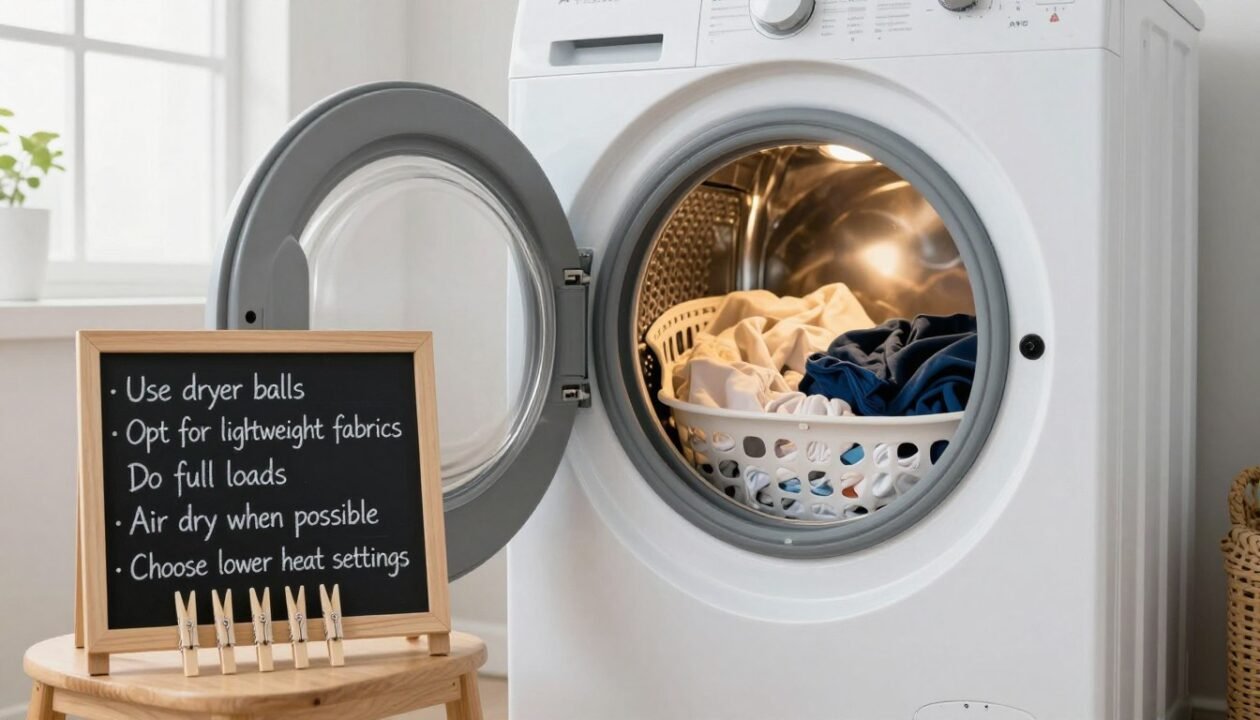 A cozy laundry room featuring an energy-efficient A+++ dryer, slightly open to reveal a basket of freshly laundered clothes. In the foreground, neatly arranged tips on a small chalkboard: "Use dryer balls", "Opt for lightweight fabrics", "Clean lint filter", "Do full loads", "Air dry when possible", and "Choose lower heat settings". The middle of the scene showcases the dryer with a soft glow emanating from the interior, highlighting the clothes inside. In the background, a bright window allows soft, natural light to fill the room, creating a warm and inviting atmosphere. The overall mood is practical and informative, set in a modern, tidy environment. No people are present in the image.