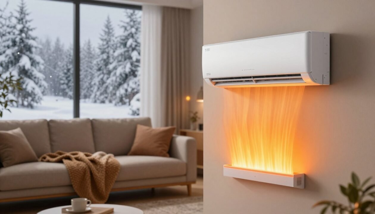 A cozy living room in winter, showcasing a modern reversible air conditioning unit. In the foreground, a sleek, wall-mounted AC unit is highlighted, with visible airflow indicators, emphasizing its dual functionality for cooling and heating. In the middle ground, a comfortable sofa adorned with warm blankets and cushions invites relaxation, while a thermal image effect illustrates the heat radiating from the unit. The background features a snowy landscape visible through large windows, creating a stark contrast between the cold outside and the warm indoor atmosphere. Soft, warm lighting creates an inviting ambience, while a subtle lens blur adds depth to the scene, focusing attention on the climatisation réversible unit, depicting its role in providing comfort during winter months. A cozy living room in winter, showcasing a modern reversible air conditioning unit. In the foreground, a sleek, wall-mounted AC unit is highlighted, with visible airflow indicators, emphasizing its dual functionality for cooling and heating. In the middle ground, a comfortable sofa adorned with warm blankets and cushions invites relaxation, while a thermal image effect illustrates the heat radiating from the unit. The background features a snowy landscape visible through large windows, creating a stark contrast between the cold outside and the warm indoor atmosphere. Soft, warm lighting creates an inviting ambience, while a subtle lens blur adds depth to the scene, focusing attention on the climatisation réversible unit, depicting its role in providing comfort during winter months.