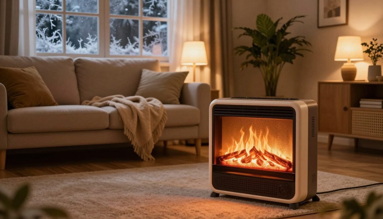 A cozy living room scene showcasing various electric heating solutions, prominently featuring a sleek, modern electric heater on the foreground, emitting a warm glow. In the middle ground, display a plush sofa with a soft blanket draped over it, a couple of energy-efficient lamps illuminated, casting gentle light. The background should feature a large window with frost patterns, hinting at a chilly night outside, while indoor plants add a touch of greenery. Soft amber lighting enhances the inviting atmosphere, creating a sense of comfort and warmth. The angle should be slightly elevated, capturing both the heater and the inviting details of the room, inviting viewers to consider their heating options. The overall mood should evoke warmth, comfort, and practicality, perfect for a home setting.