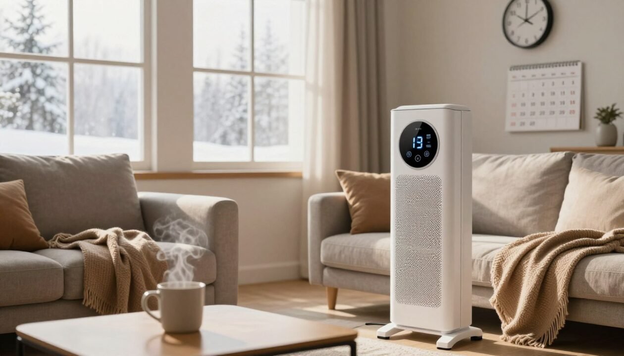 A cozy, modern living room during winter, showcasing a stylish electric heater with a temperature control display prominently featured. In the foreground, a steaming mug sits on a coffee table, with a warm throw blanket casually draped over the couch. In the middle, soft, diffused sunlight streams through frosted windows, casting gentle shadows that create a relaxed atmosphere. A calendar on the wall indicates upcoming holidays and weekends, symbolizing absence management. In the background, a wall clock shows the time ticking away, emphasizing the importance of energy conservation while away. The overall mood is tranquil and inviting, evoking the idea of comfort and efficiency in home heating management.