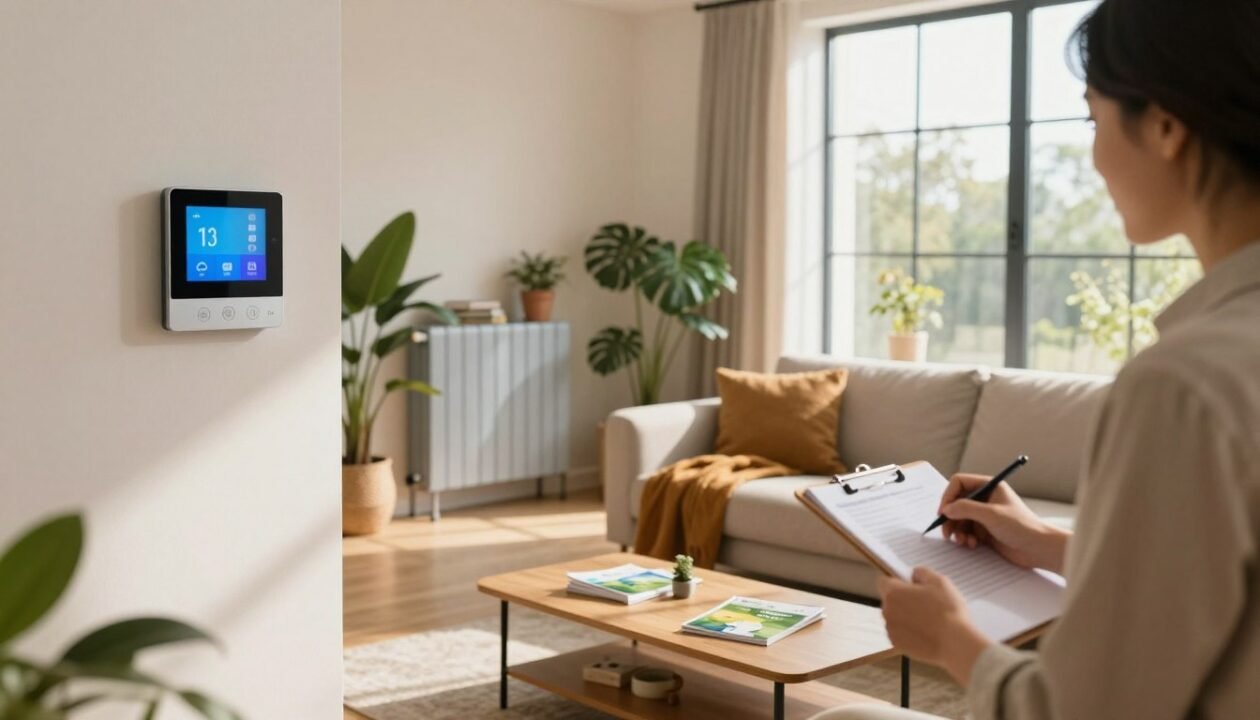 A cozy, modern living room featuring a stylish energy-efficient heating system integrated into the design. In the foreground, a professional in business casual clothing examines a smart thermostat on the wall, taking notes on a clipboard. The middle ground showcases a large window with daylight streaming in, illuminating a comfy sofa adorned with warm blankets, and a coffee table with energy efficiency brochures scattered on it. In the background, a beautifully designed radiator complements a mid-century aesthetic, surrounded by potted plants. The atmosphere feels warm and inviting, with soft, natural lighting casting gentle shadows. A sense of calm reassurance permeates the scene, embodying practical warmth and comfort in a residential setting. A cozy, modern living room featuring a stylish energy-efficient heating system integrated into the design. In the foreground, a professional in business casual clothing examines a smart thermostat on the wall, taking notes on a clipboard. The middle ground showcases a large window with daylight streaming in, illuminating a comfy sofa adorned with warm blankets, and a coffee table with energy efficiency brochures scattered on it. In the background, a beautifully designed radiator complements a mid-century aesthetic, surrounded by potted plants. The atmosphere feels warm and inviting, with soft, natural lighting casting gentle shadows. A sense of calm reassurance permeates the scene, embodying practical warmth and comfort in a residential setting.
