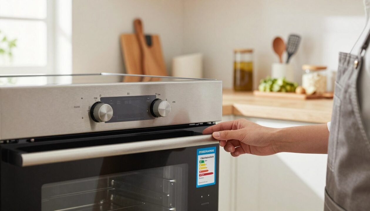 A detailed close-up of a modern kitchen appliance, specifically a sleek, stainless steel oven, showcasing its energy efficiency label prominently on the door. The label, with bright and clear graphics, highlights the energy consumption ratings. In the foreground, a pair of hands, dressed in professional kitchen attire, is carefully studying the label, evaluating the oven's energy consumption. The middle ground features a countertop with cooking utensils and ingredient containers, creating a homely kitchen atmosphere. In the background, soft, natural light streams in through a window, enhancing the warm, inviting mood of the space. The overall composition should evoke a sense of practicality and knowledge, illustrating the process of calculating energy consumption in an approachable manner.