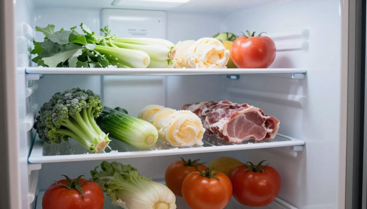 A detailed scene depicting a close-up of a kitchen with an open freezer showing several different types of frozen foods, including vegetables, meats, and ice cream, partially thawed due to power interruption. The background features a modern kitchen with a refrigerator and a clock on the wall indicating the time since the power went out, creating a sense of urgency. The lighting is soft and natural, highlighting frost on the freezer walls, with subtle reflections off the food items. The atmosphere conveys a blend of concern and practicality, illustrating the importance of knowing how long food can stay safe in a freezer during a power outage. The image should focus solely on the freezer and its contents without any human presence or text.