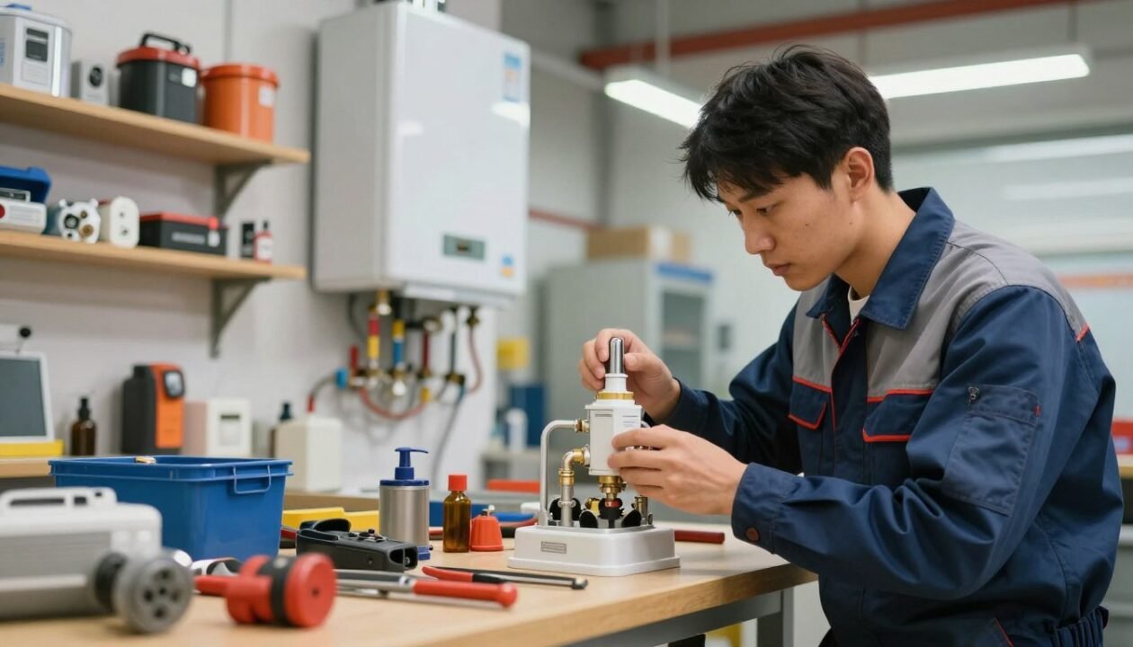 A detailed scene depicting the maintenance and replacement of a security group for a water heater. In the foreground, a skilled technician in professional attire is inspecting a security group, examining its components closely. The middle ground features a well-organized workshop filled with tools, a workbench, and an open water heater showing the security group in focus. The background includes shelves stocked with replacement parts and safety equipment, bright overhead lights illuminating the space with a warm yet industrious atmosphere. The technician's concentration should reflect professionalism, highlighting the importance of proper maintenance. Use a soft focus effect to emphasize the foreground while retaining clarity in the workshop for context.