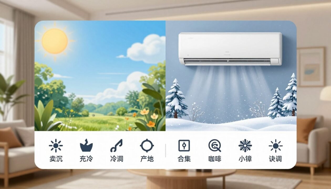 A detailed, visually engaging guide on the practical use of air conditioning modes across the seasons. In the foreground, a stylish digital infographic showcases various air conditioning symbols, clearly labeled for heating, cooling, and fan settings. In the middle ground, a split scene illustrates seasonal changes: on the left, a sunny summer day with a bright blue sky and vibrant greenery, depicting the cooling mode, and on the right, a cozy winter scene with soft snow falling, representing the heating mode. The background features a modern living room setup that transitions seamlessly from warm tones to cool colors, emphasizing the mood shift. Soft natural lighting highlights the infographic, creating a welcoming and informative atmosphere, captured with a slightly elevated angle for depth.