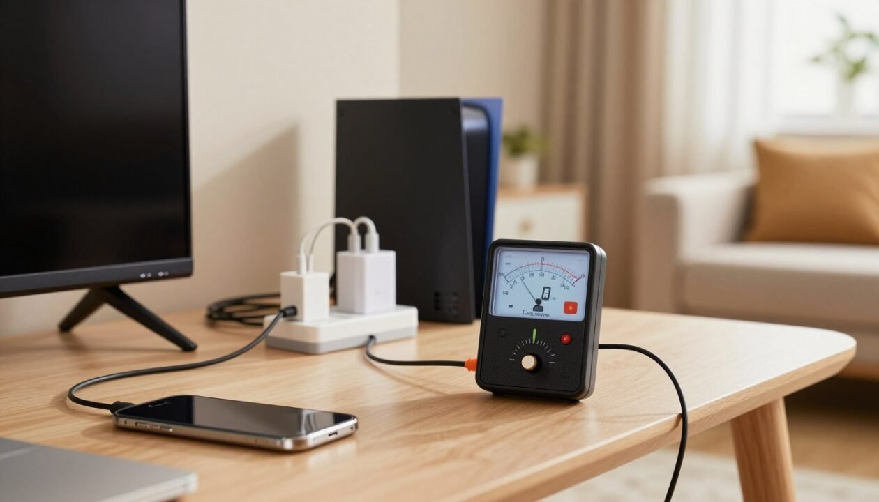 A modern, detailed scene showcasing a wattmeter measuring phantom consumption in a cozy living room environment. In the foreground, focus on a sleek, digital wattmeter displaying readings, connected to various household electronics like a TV, gaming console, and smartphone charger. In the middle ground, a tidy desk with power strips and cables is visible, highlighting energy usage. The background features a softly lit room with warm, inviting colors, perhaps a window with natural light filtering in, creating a calm atmosphere. The scene captures a sense of awareness and concern for energy consumption, emphasizing the importance of measuring phantom load. Use a realistic lens effect to enhance the clarity of the wattmeter and household items, ensuring an informative and engaging composition.