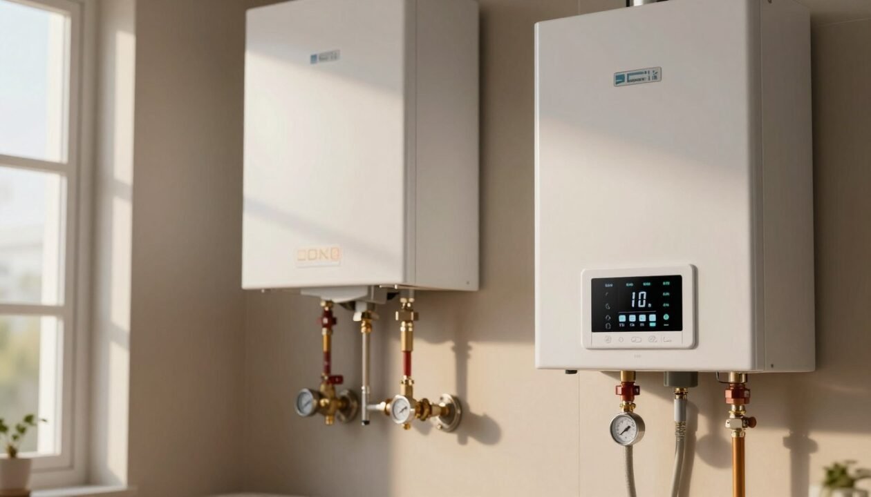 A modern heating control system displayed in a professional setting, featuring a gas boiler with an adjustable temperature gauge. In the foreground, a sleek thermostat interface shows digital readouts and settings. The middle ground reveals a well-organized utility room with piping, valves, and an energy-efficient gas heater integrated into the wall. The background includes subtle shadows and highlights, emphasizing the modern technology's sophistication. Soft, natural lighting filters through a nearby window, creating a warm atmosphere that signifies comfort and efficiency. The overall mood is focused and technical, showcasing the optimization of heating systems for effective temperature regulation. The image should be devoid of any text, logos, or external distractions. A modern heating control system displayed in a professional setting, featuring a gas boiler with an adjustable temperature gauge. In the foreground, a sleek thermostat interface shows digital readouts and settings. The middle ground reveals a well-organized utility room with piping, valves, and an energy-efficient gas heater integrated into the wall. The background includes subtle shadows and highlights, emphasizing the modern technology's sophistication. Soft, natural lighting filters through a nearby window, creating a warm atmosphere that signifies comfort and efficiency. The overall mood is focused and technical, showcasing the optimization of heating systems for effective temperature regulation. The image should be devoid of any text, logos, or external distractions.
